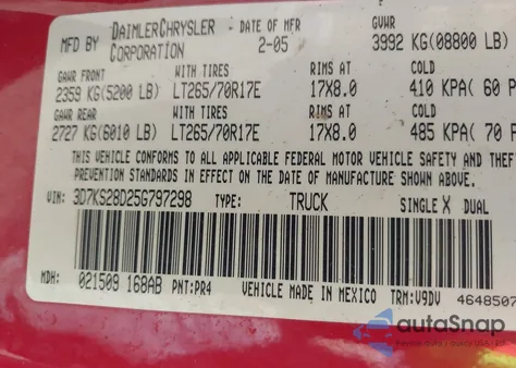 2005 Dodge Ram 2500 Slt/Laramie z USA, uszkodzony, nr VIN 3D7KS28D25G797298
